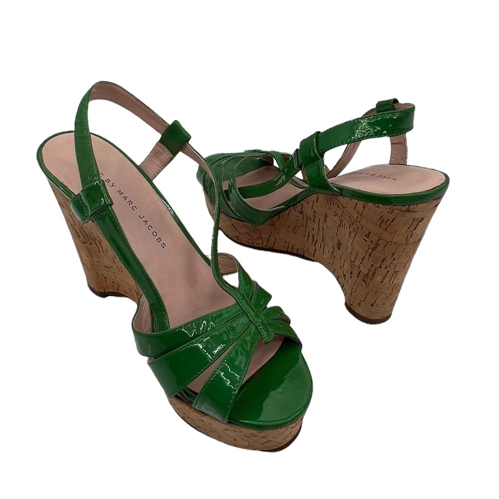Marc By Marc Jacobs Patent Green Cork Wedge Heeled Sandals Size 37 1/2